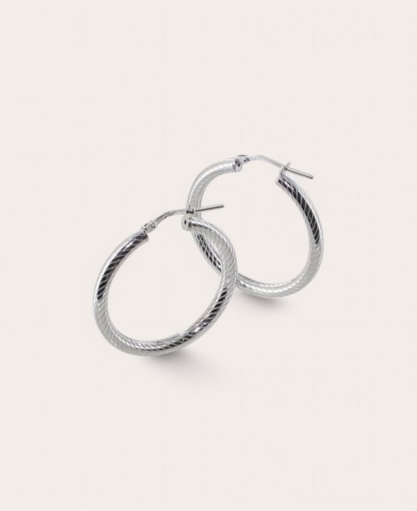 ORIANE, Créoles Argent Rhodié, Diamètre 25 striées 3mm Ronde